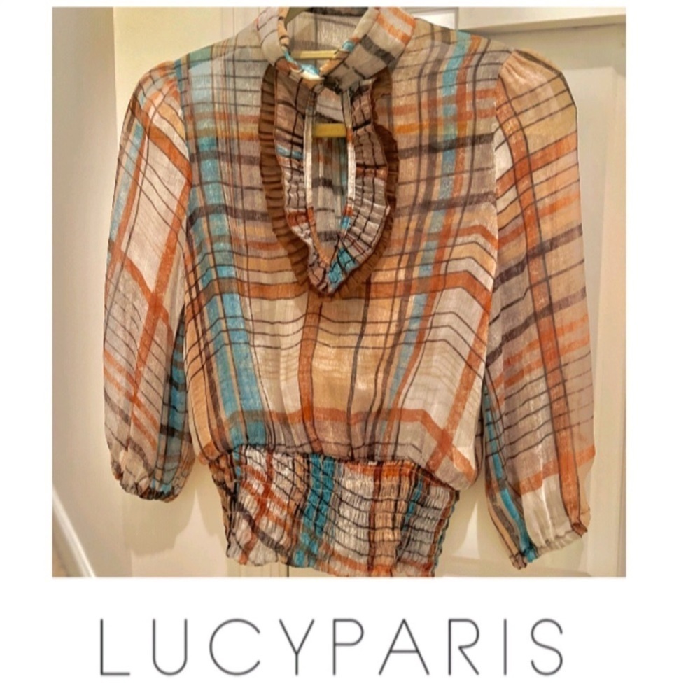 3/$25 Lucy Paris silk woven smocked plaid blouson 3/4 sleeve blouse top